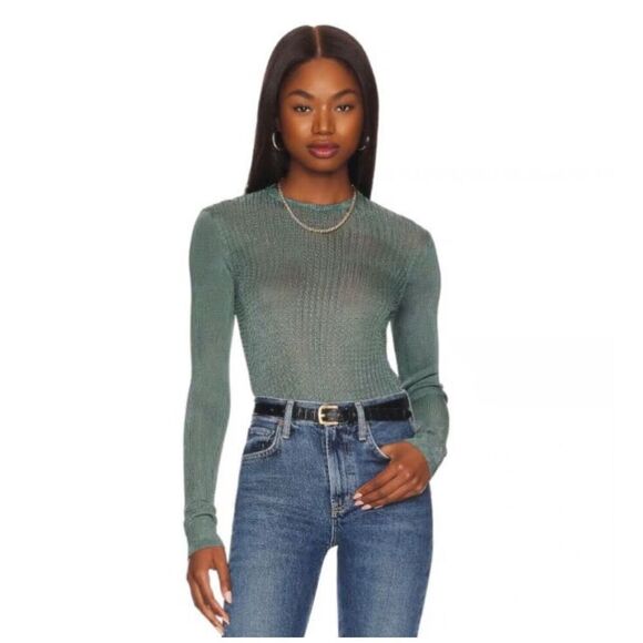 NWT Free People Jade Green H2O Crew Mesh Cropped Long Sleeve Pullover Small - Picture 1 of 8